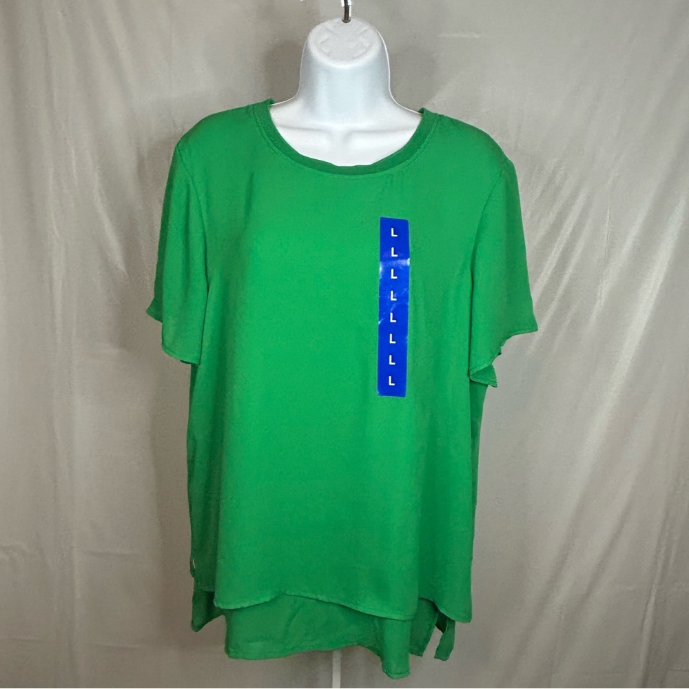 Hilary Radley Layered Hem Tunic Top Large Green Short Sleeve NWT